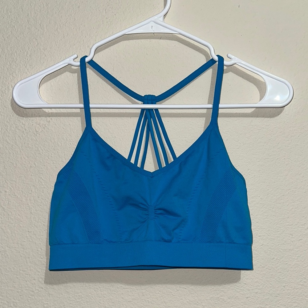 Xersion Blue Strappy Sports Bra with Geometric Back